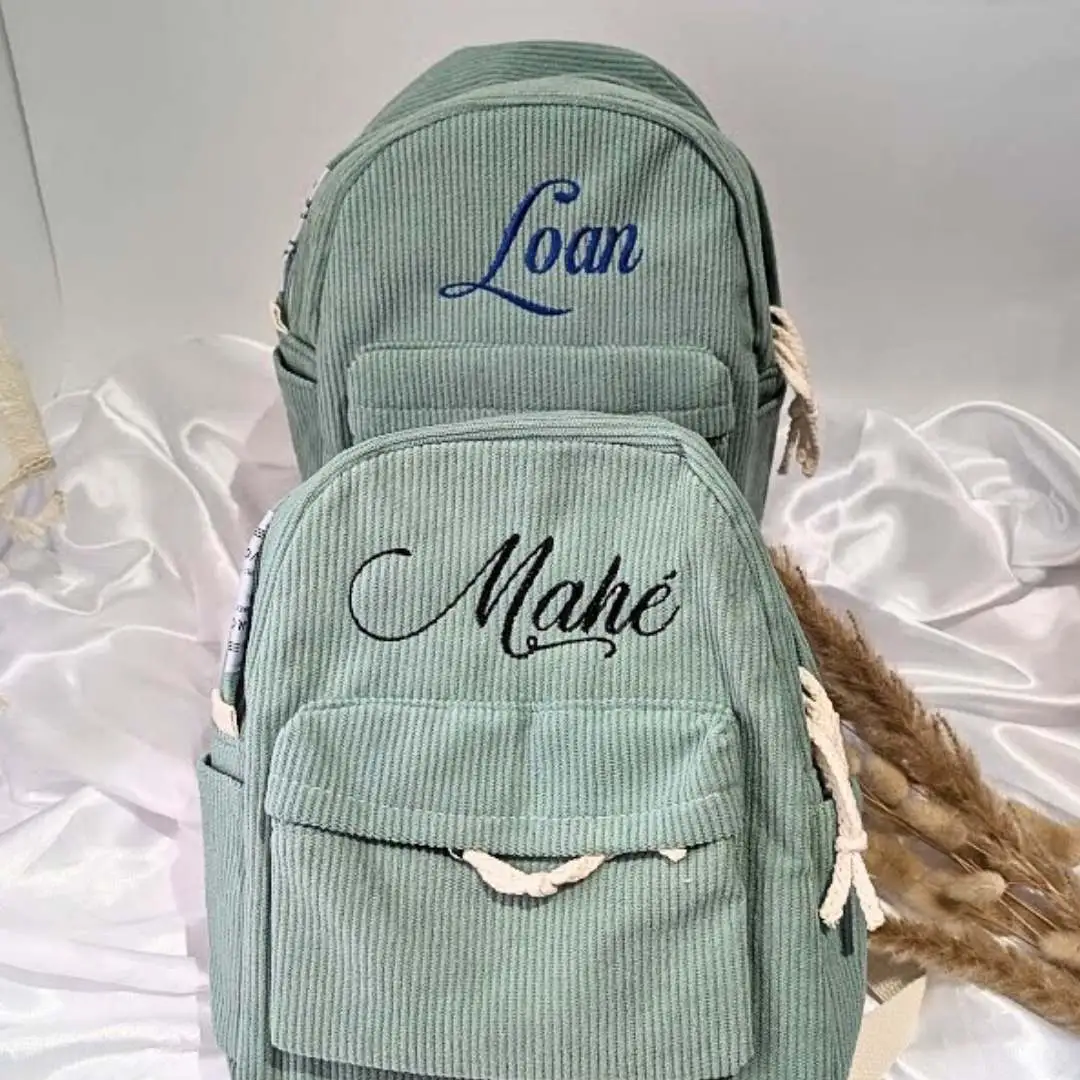 Sac à dos maternelle personnalisé Velours côtelé (1) Sac a dos pour enfant en crèche ou maternelle personnalisé couleur vert d'eau modèle garçon brodé du prénom Mahé