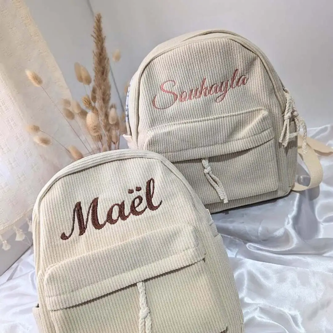 Sac à dos maternelle personnalisé Velours côtelé (2) Sac a dos pour enfant en crèche ou maternelle personnalisé couleur Beige modèle mixte fille et garçon brodé du prénom Souhayla