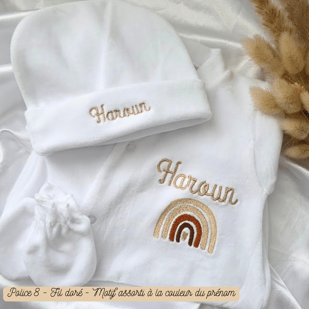kit naissance personnalisé en velours Tenue de naissance en velours pour bebe blanc brodé d'un prénom