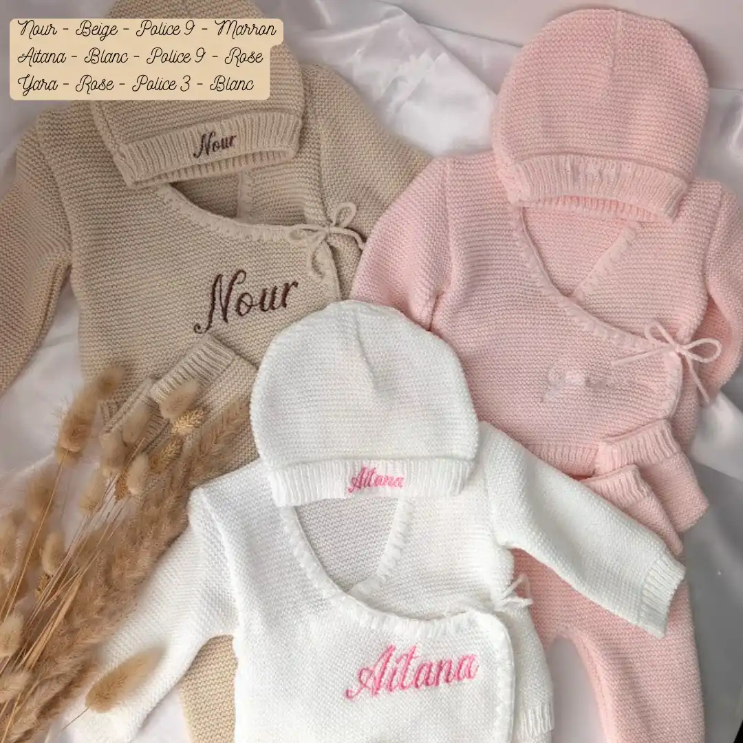Ensemble naissance bébé en tricot personnalisé (3) ensemble de naissance en tricot pour bébé brodé d'un prénom personnalisé pour fille et garçon cadeau parfait pour une naissance