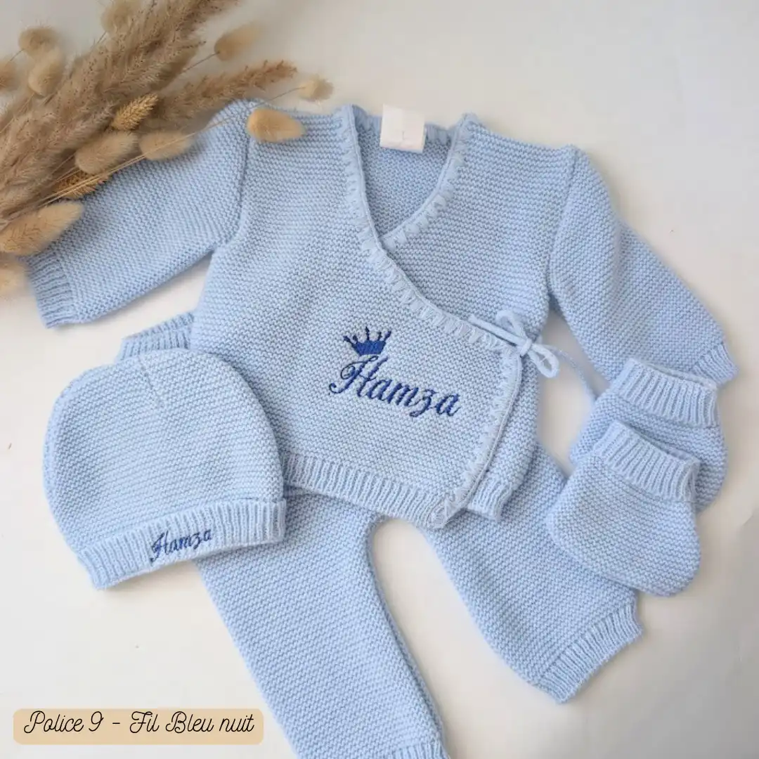Ensemble naissance bébé en tricot personnalisé (6) ensemble de naissance en tricot pour bébé brodé d'un prénom personnalisé pour fille et garçon cadeau parfait pour une naissance