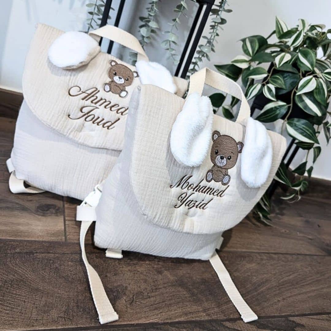 Sac à dos personnalisé enfant en crèche brodé d'un ourson et d'un prénom