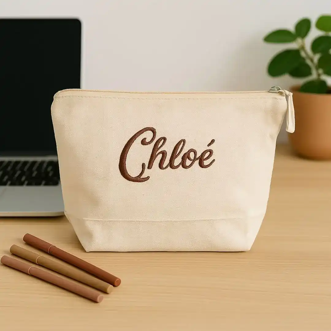 Trousse en coton naturel grande capacité blanc cassé brodé d'un prénom