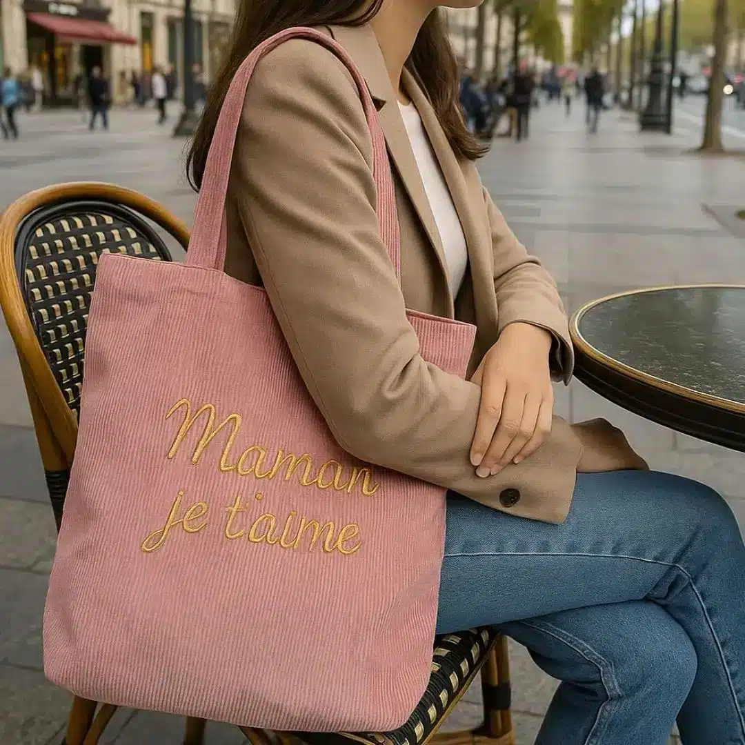 tote bag premium (2) Tote bag personnalisé en velours cotelet sur l'épaule d'une femme assise en terrasse le sac est brodé avec inscription maman je t'aime