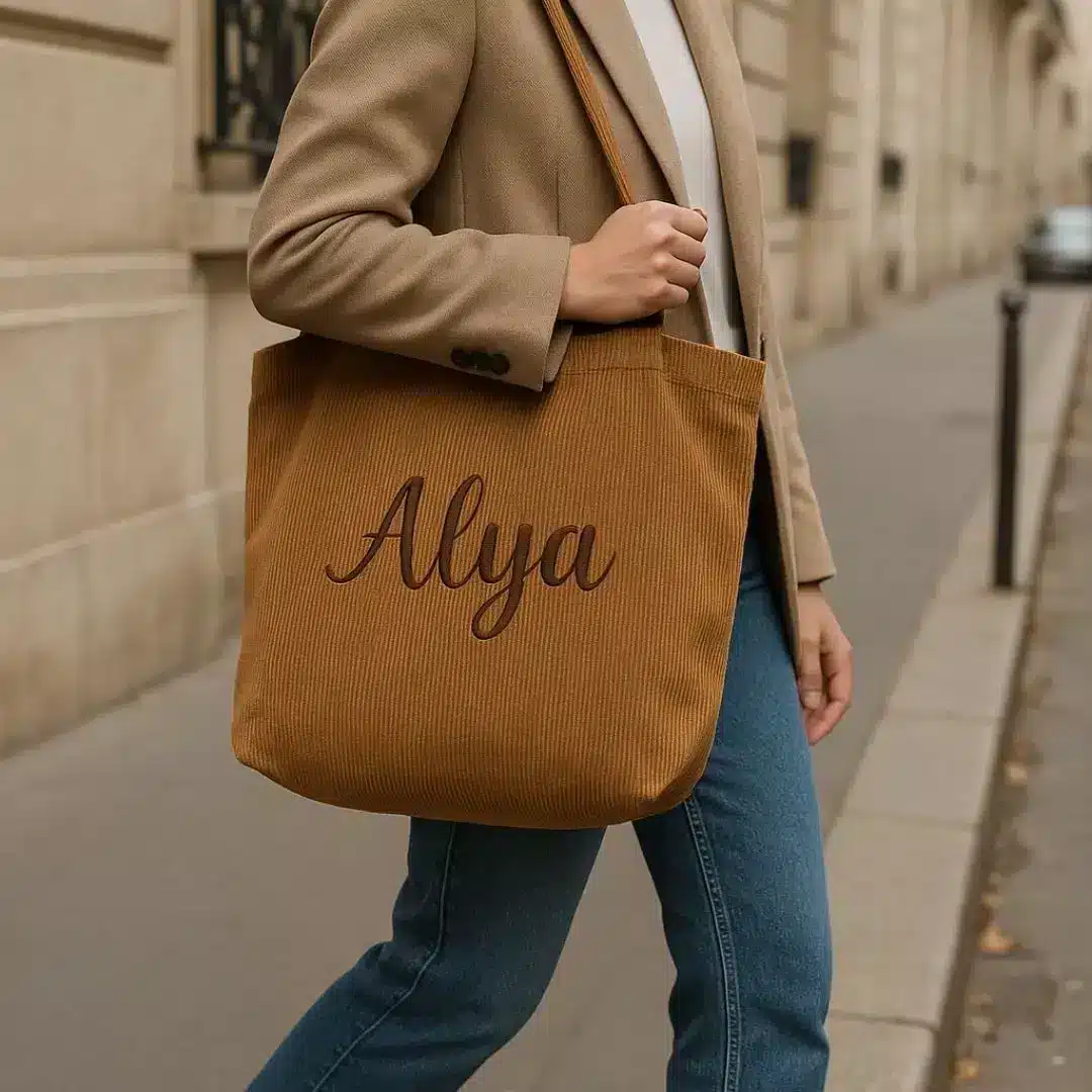 tote bag premium (3) tote bag personnalisé camel avec broderie prénom sur l'épaule d'une femme qui marche dans la rue