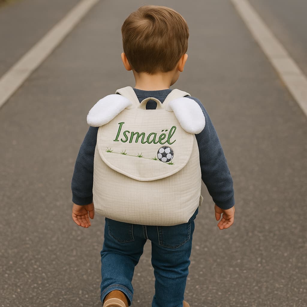 Petit garcon marchant dans la rue portant son sac à dos personnalisé d'une broderie de son prénom ismael en vert
