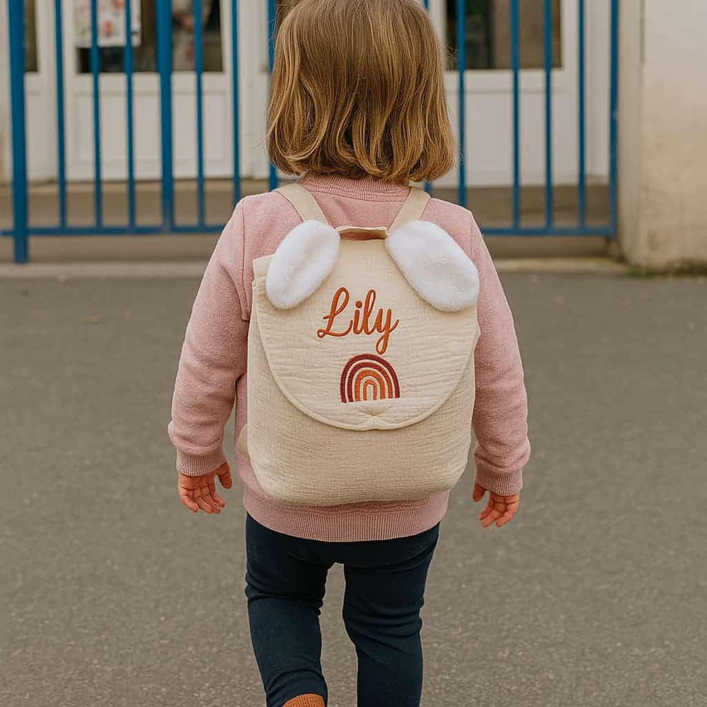 Petite fille marchant dans la rue portant son sac à dos personnalisé d'une broderie de son prénom lily en orange
