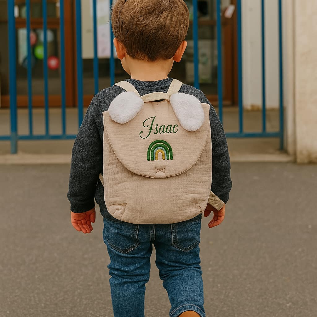 Petit garcon marchant dans la rue portant son sac à dos personnalisé d'une broderie de son prénom isaac en vert