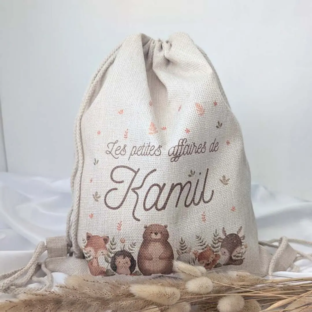 sac en tissu personnalisé (1) sac en tissu personnalisé "les petites affaires de Kamil" avec des petit animaux