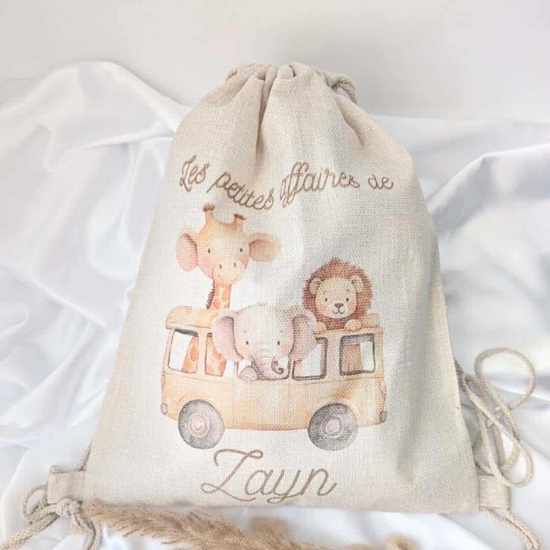 sac en tissus personnalisé (1) sac en tissu personnalisé "les petites affaires de Zayn" sur le thème de la savane