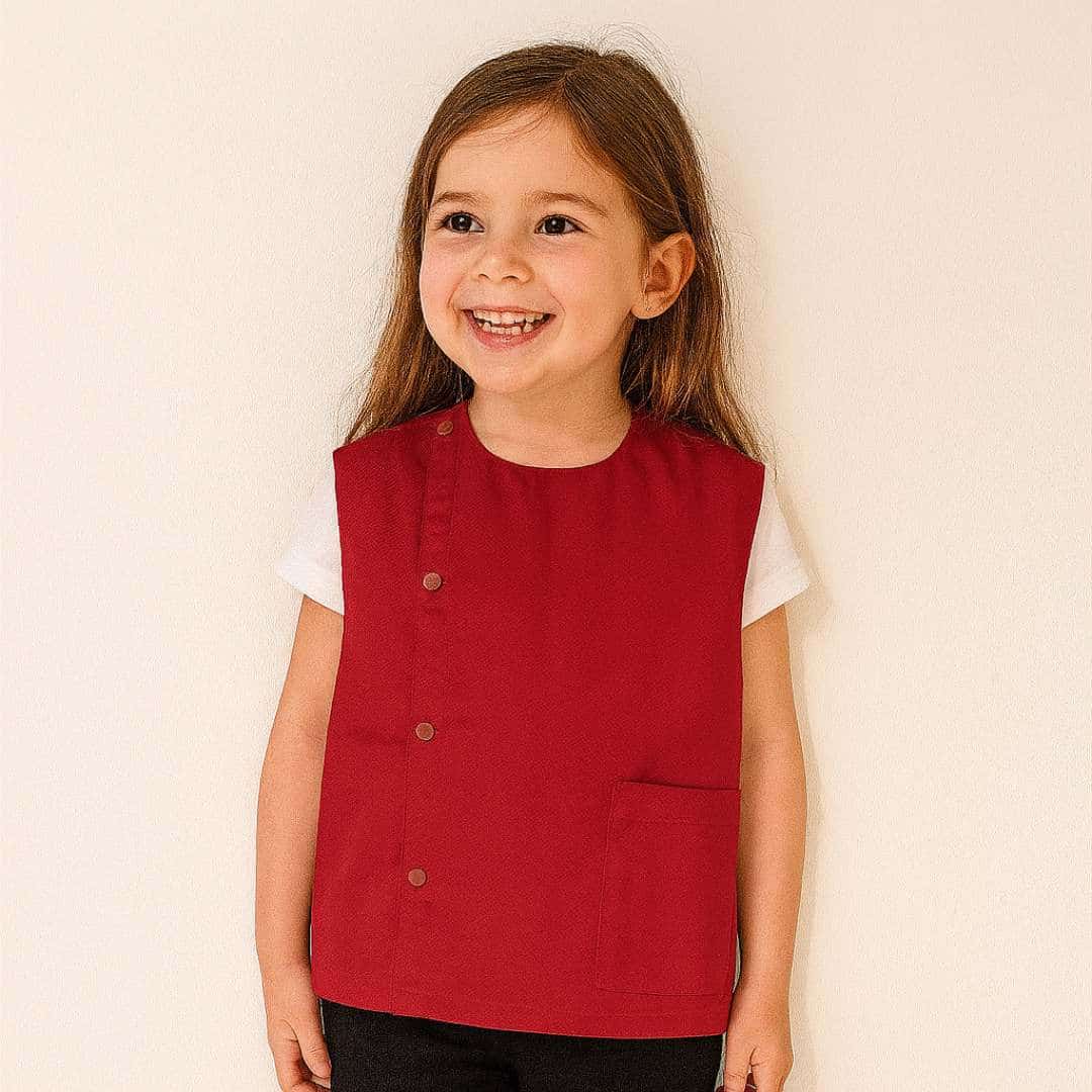 tABLIER ROUGE MATERNELLE (2) Petite fille portant un tablier en tissus manche courte rouge pour la maternelle brodé de son prénom