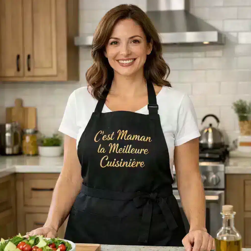 Femme dans une cuisine portant un Tablier personnalisé