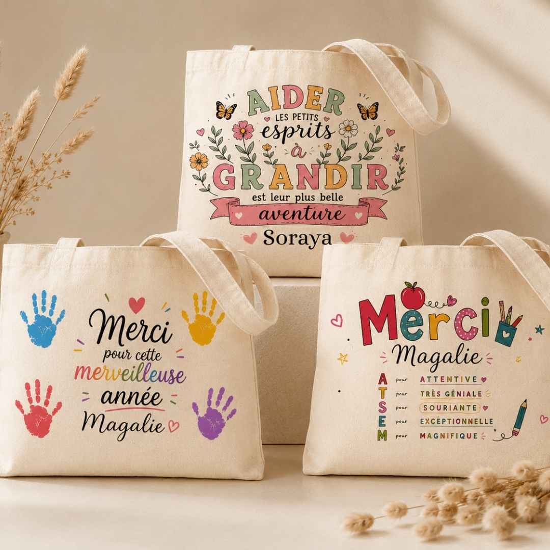 Tote bag personnalisé (1) 3 tote bag beige personnalisés pour maitresse, astem et aesh comme cadeau de fin d'année merci maitresse