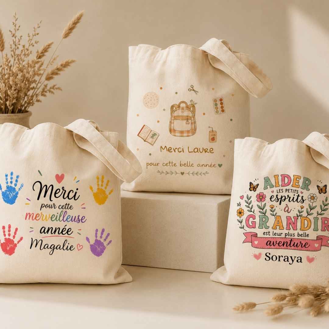 Tote bag personnalisé (2) 3 tote bag beige personnalisés pour maitresse, astem et aesh comme cadeau de fin d'année merci maitresse