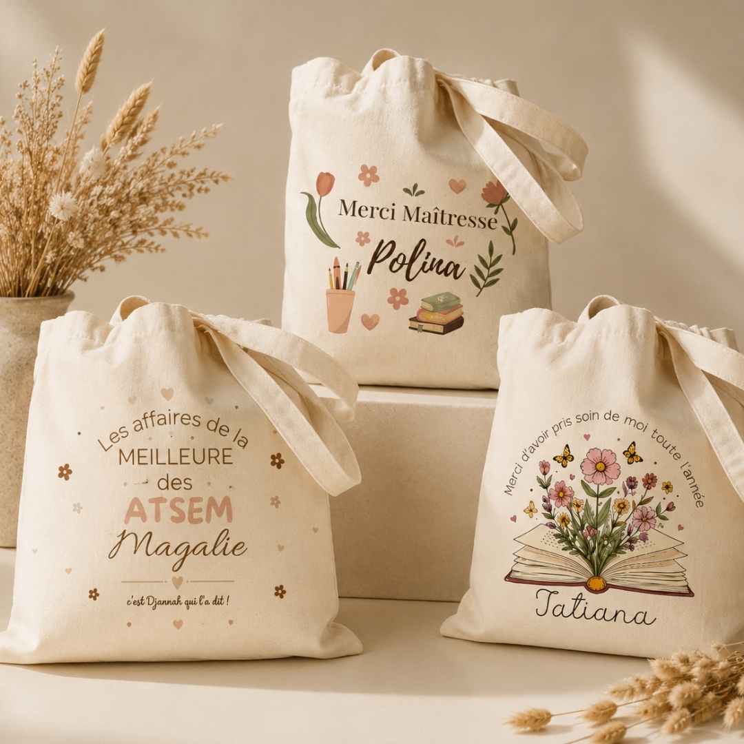Tote bag personnalisé (3) 3 tote bag beige personnalisés pour maitresse, astem et aesh comme cadeau de fin d'année merci maitresse