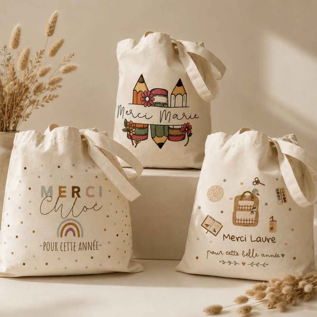 3 tote bag beige personnalisés pour maitresse, astem et aesh comme cadeau de fin d'année merci maitresse