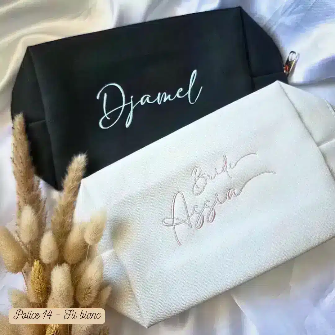 Trousse de toilette personnalisée - Couple trousse noir pour homme et blanche pour femme avec broderie prénom