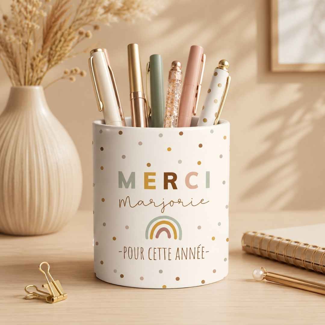 pot à stylo en céramique personnalisé pour maitresse laure comme cadeau de fin d'année