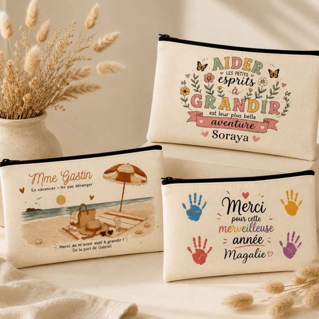 trousse en coton beige personnalisée avec des design sur le thème des cadeaux maîtresses, maîtres, atsem...