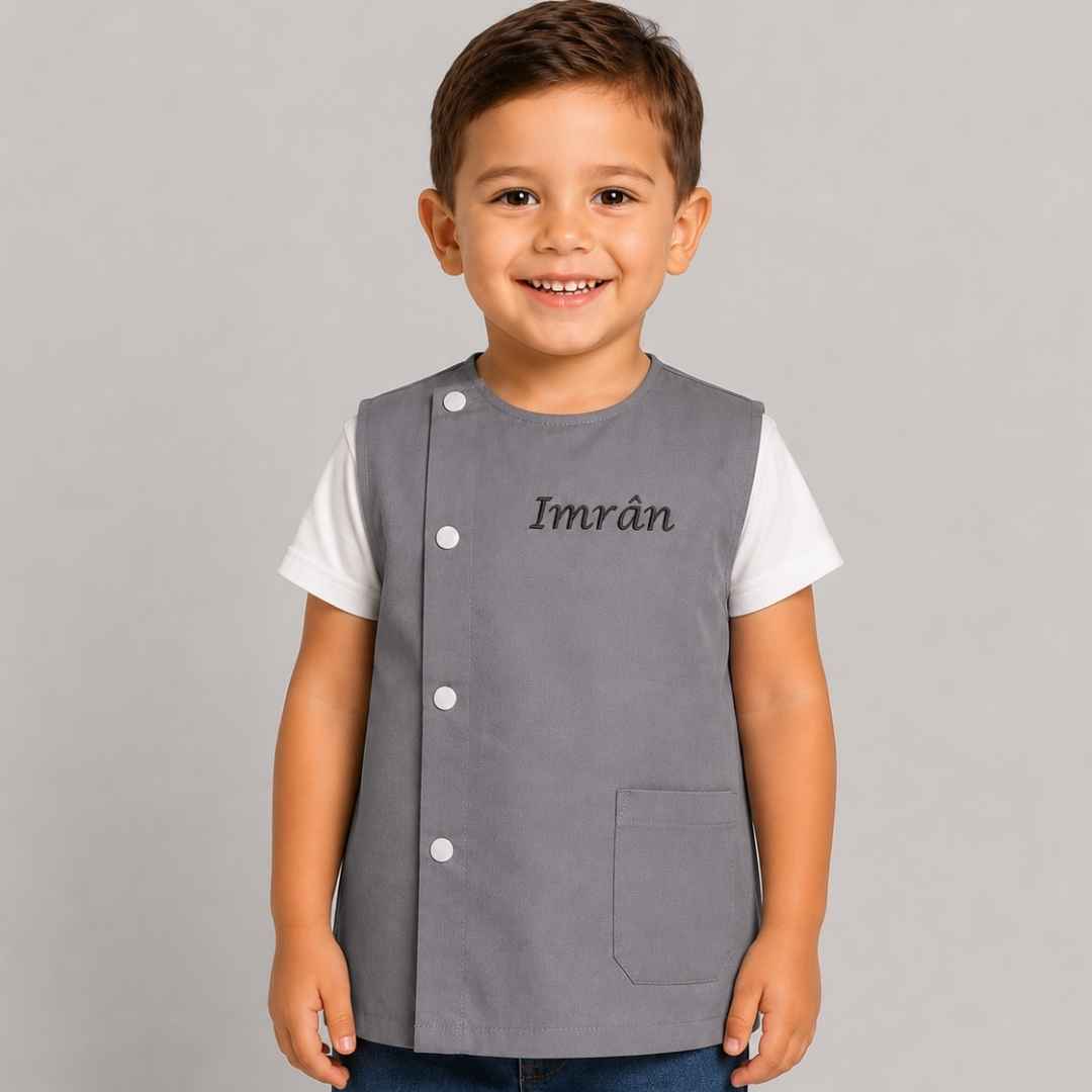 tablier maternelle gris en tissus brodé du prénom Imran en noir