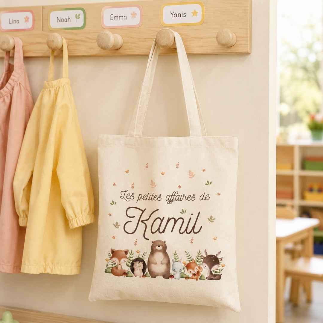 tote bag ecru pour enfant de maternelle ecrit ecrit les petites affaires de Kamil avec des petits animaux personalisés